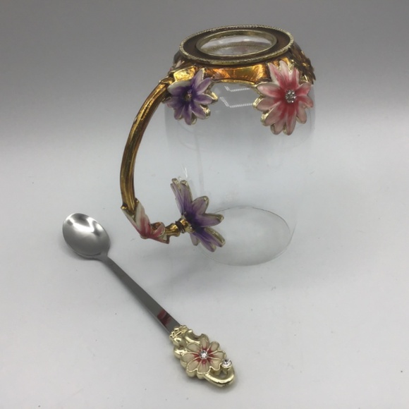 Coffee or Tea Mug Flowers Enamel Clear Glass Mug with Handle and Spoon. - Picture 6 of 6